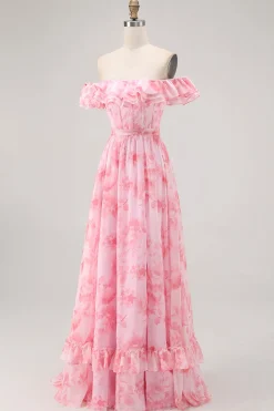Flor de champanhe fora do ombro espartilho A-Line vestido de dama de honra com fenda