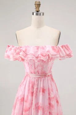 Flor de champanhe fora do ombro espartilho A-Line vestido de dama de honra com fenda