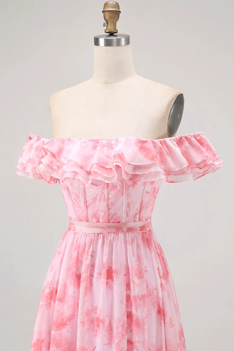 Flor de champanhe fora do ombro espartilho A-Line vestido de dama de honra com fenda