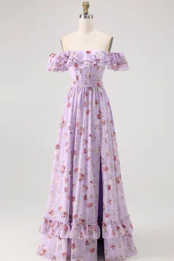 Flor de champanhe fora do ombro espartilho A-Line vestido de dama de honra com fenda
