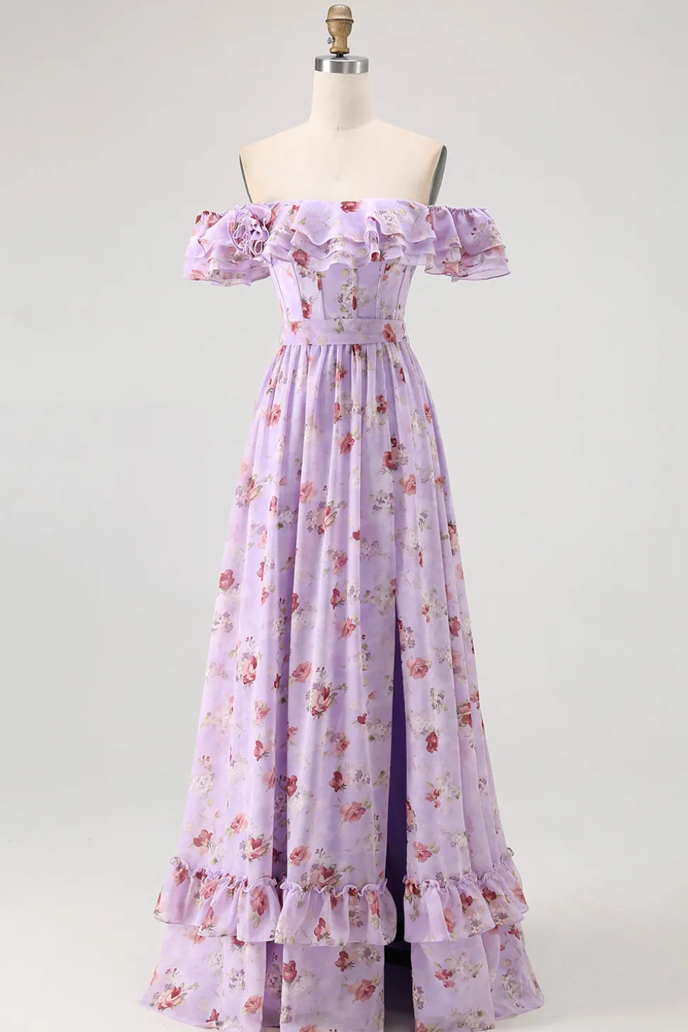 Flor de champanhe fora do ombro espartilho A-Line vestido de dama de honra com fenda