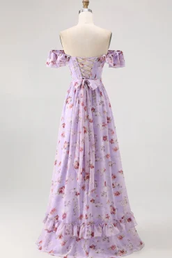 Flor de champanhe fora do ombro espartilho A-Line vestido de dama de honra com fenda