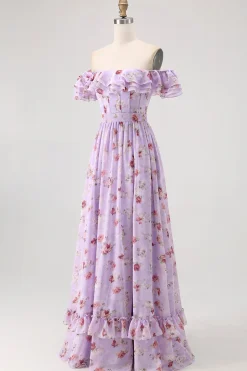 Flor de champanhe fora do ombro espartilho A-Line vestido de dama de honra com fenda