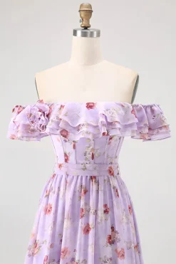Flor de champanhe fora do ombro espartilho A-Line vestido de dama de honra com fenda