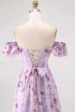 Flor de champanhe fora do ombro espartilho A-Line vestido de dama de honra com fenda