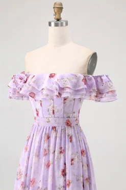 Flor de champanhe fora do ombro espartilho A-Line vestido de dama de honra com fenda