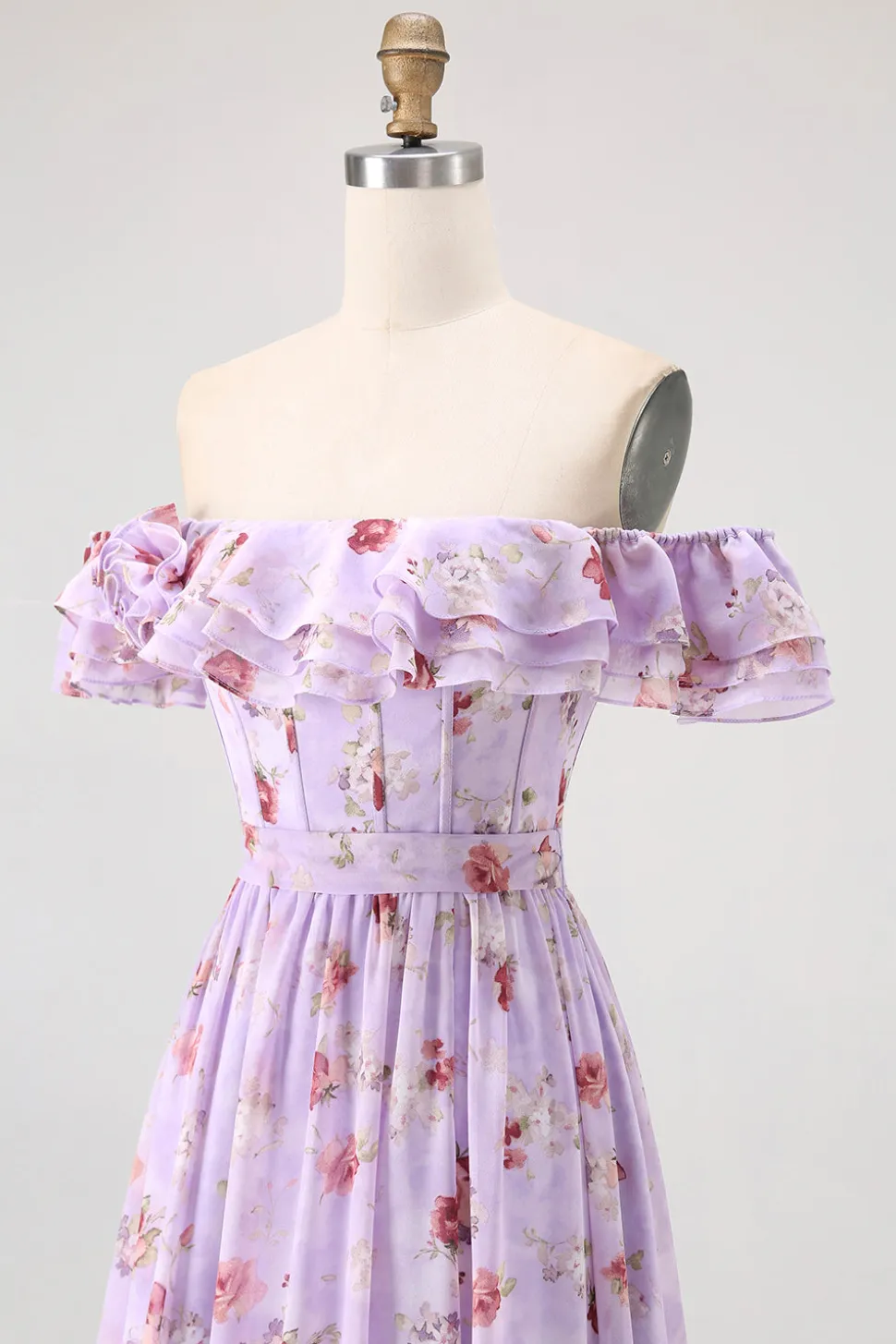 Flor de champanhe fora do ombro espartilho A-Line vestido de dama de honra com fenda