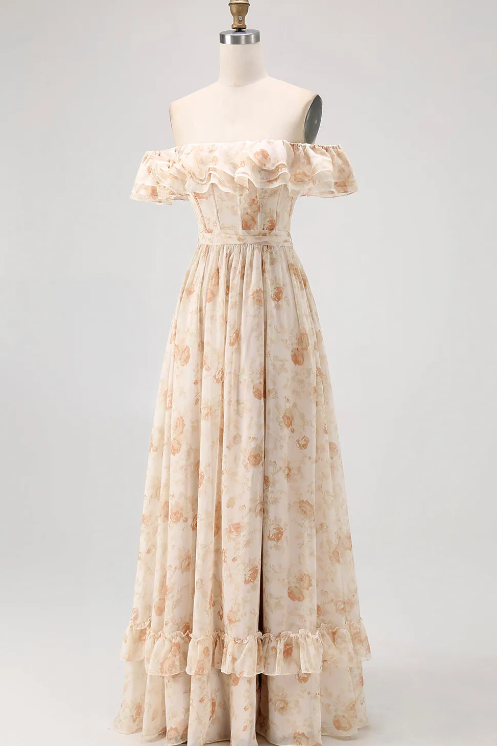 Flor de champanhe fora do ombro espartilho A-Line vestido de dama de honra com fenda