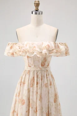 Flor de champanhe fora do ombro espartilho A-Line vestido de dama de honra com fenda