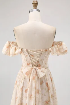 Flor de champanhe fora do ombro espartilho A-Line vestido de dama de honra com fenda