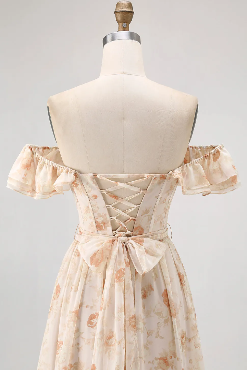 Flor de champanhe fora do ombro espartilho A-Line vestido de dama de honra com fenda