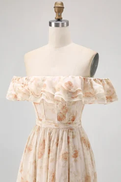 Flor de champanhe fora do ombro espartilho A-Line vestido de dama de honra com fenda