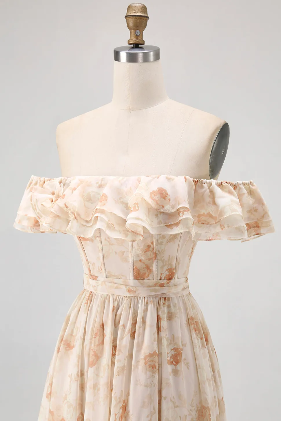 Flor de champanhe fora do ombro espartilho A-Line vestido de dama de honra com fenda