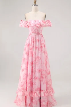 Flor de champanhe fora do ombro espartilho A-Line vestido de dama de honra com fenda