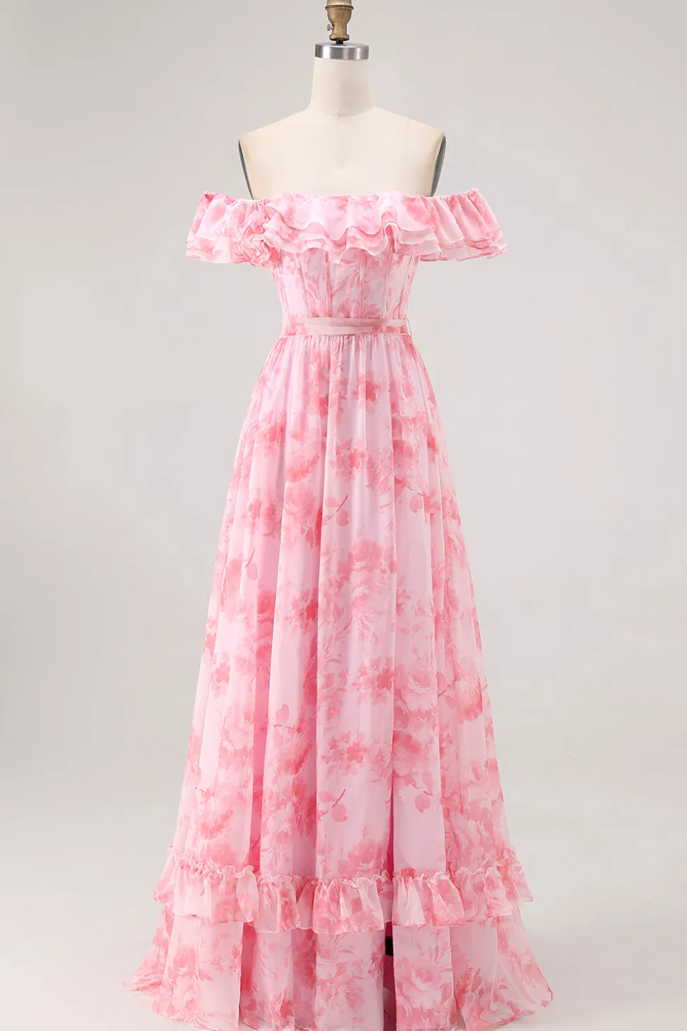 Flor de champanhe fora do ombro espartilho A-Line vestido de dama de honra com fenda