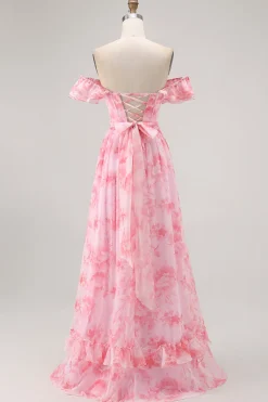 Flor de champanhe fora do ombro espartilho A-Line vestido de dama de honra com fenda