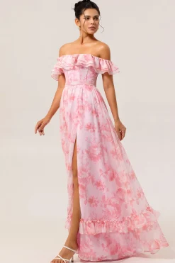 Flor de champanhe fora do ombro espartilho A-Line vestido de dama de honra com fenda
