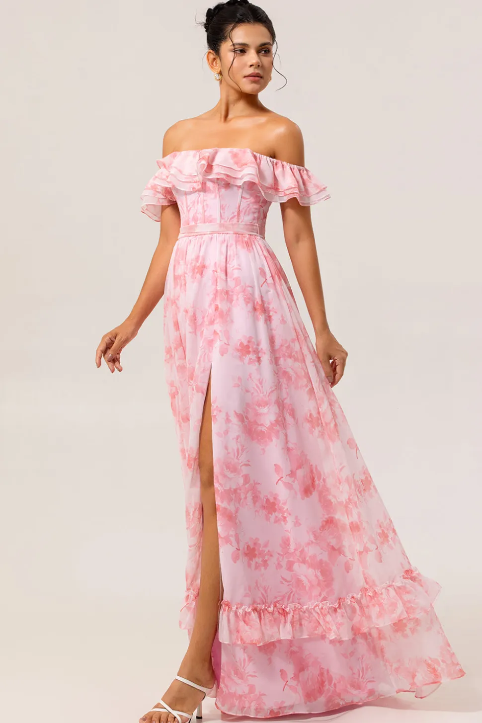 Flor de champanhe fora do ombro espartilho A-Line vestido de dama de honra com fenda