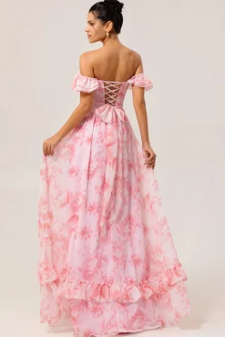 Flor de champanhe fora do ombro espartilho A-Line vestido de dama de honra com fenda