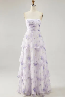 Flor de lavanda em camadas Uma linha sem alças plissado vestido de dama de honra