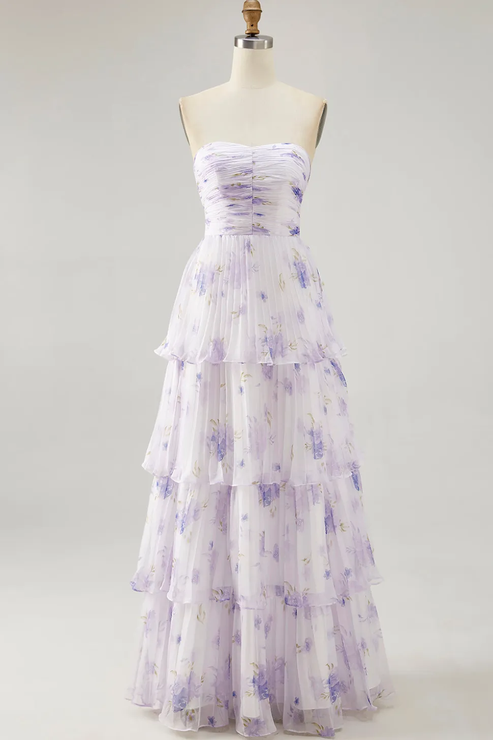 Flor de lavanda em camadas Uma linha sem alças plissado vestido de dama de honra