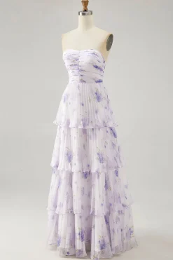 Flor de lavanda em camadas Uma linha sem alças plissado vestido de dama de honra