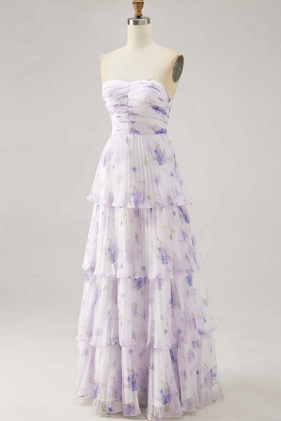 Flor de lavanda em camadas Uma linha sem alças plissado vestido de dama de honra