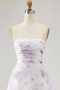 Flor de lavanda em camadas Uma linha sem alças plissado vestido de dama de honra