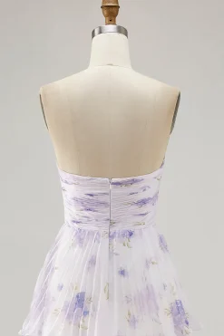Flor de lavanda em camadas Uma linha sem alças plissado vestido de dama de honra