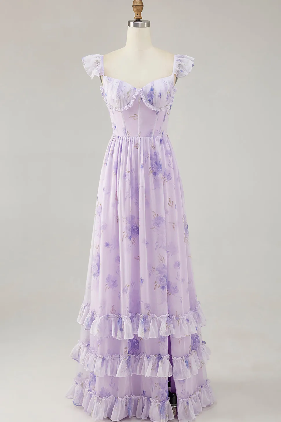 Flor de lavanda estampada babado uma linha vestido de dama de honra com fenda