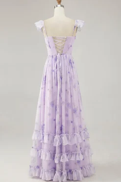 Flor de lavanda estampada babado uma linha vestido de dama de honra com fenda