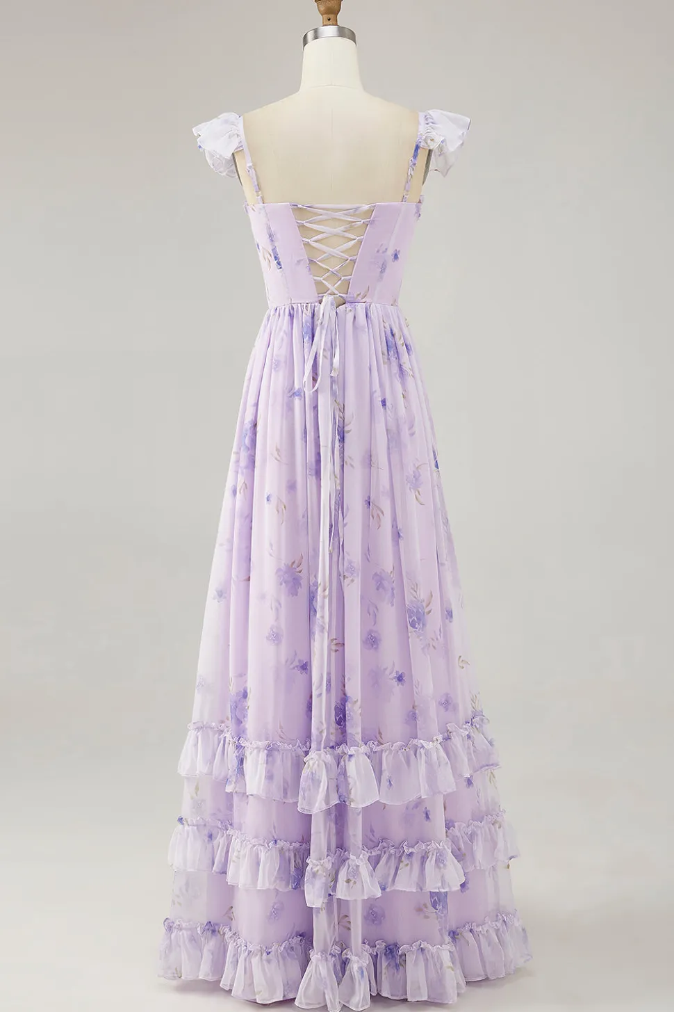 Flor de lavanda estampada babado uma linha vestido de dama de honra com fenda