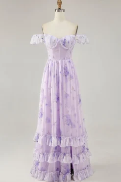 Flor de lavanda estampada babado uma linha vestido de dama de honra com fenda