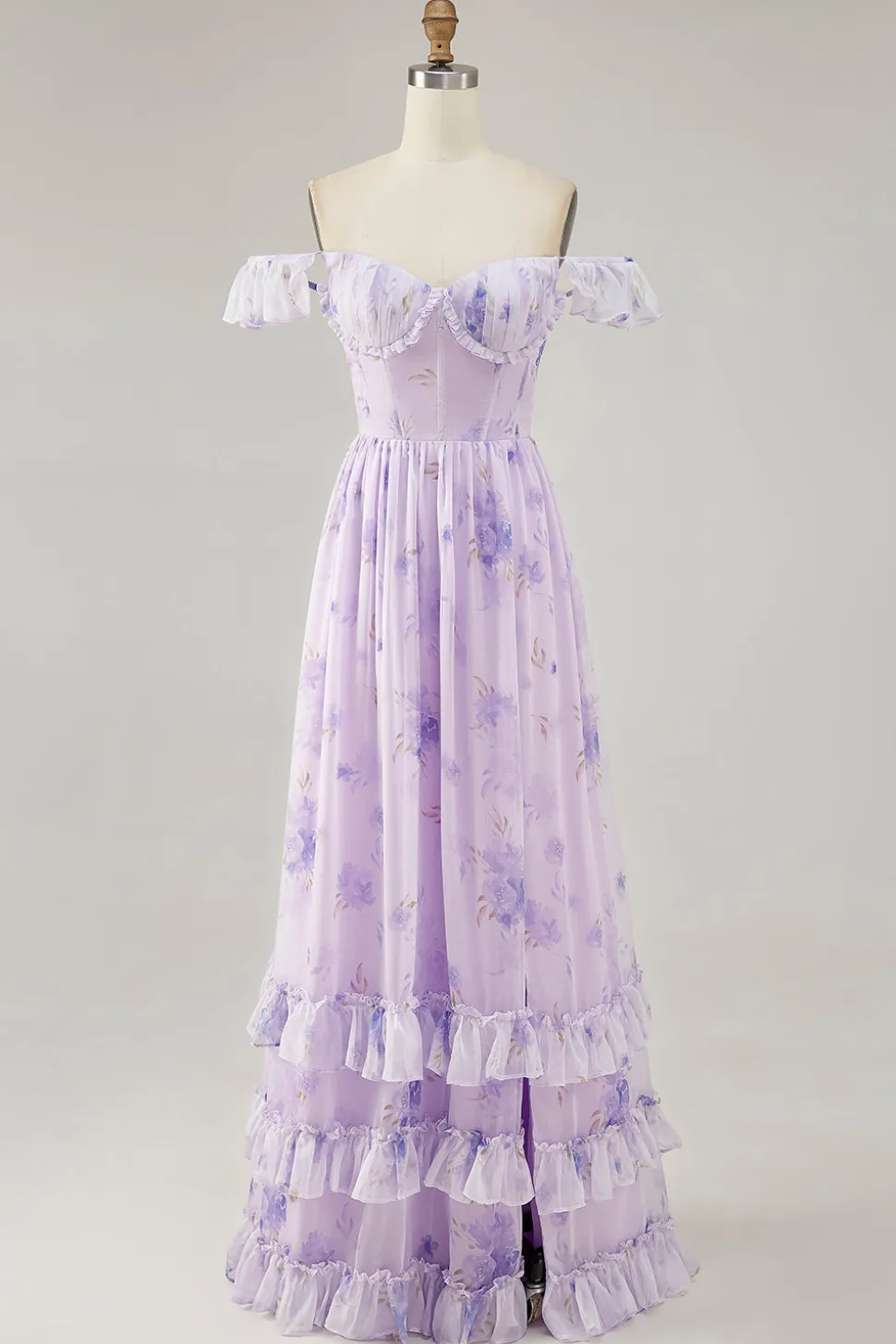 Flor de lavanda estampada babado uma linha vestido de dama de honra com fenda