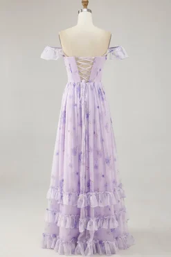 Flor de lavanda estampada babado uma linha vestido de dama de honra com fenda