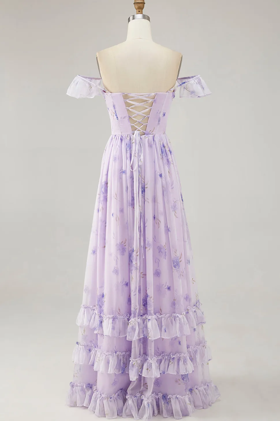 Flor de lavanda estampada babado uma linha vestido de dama de honra com fenda