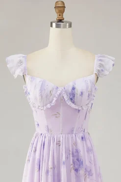 Flor de lavanda estampada babado uma linha vestido de dama de honra com fenda