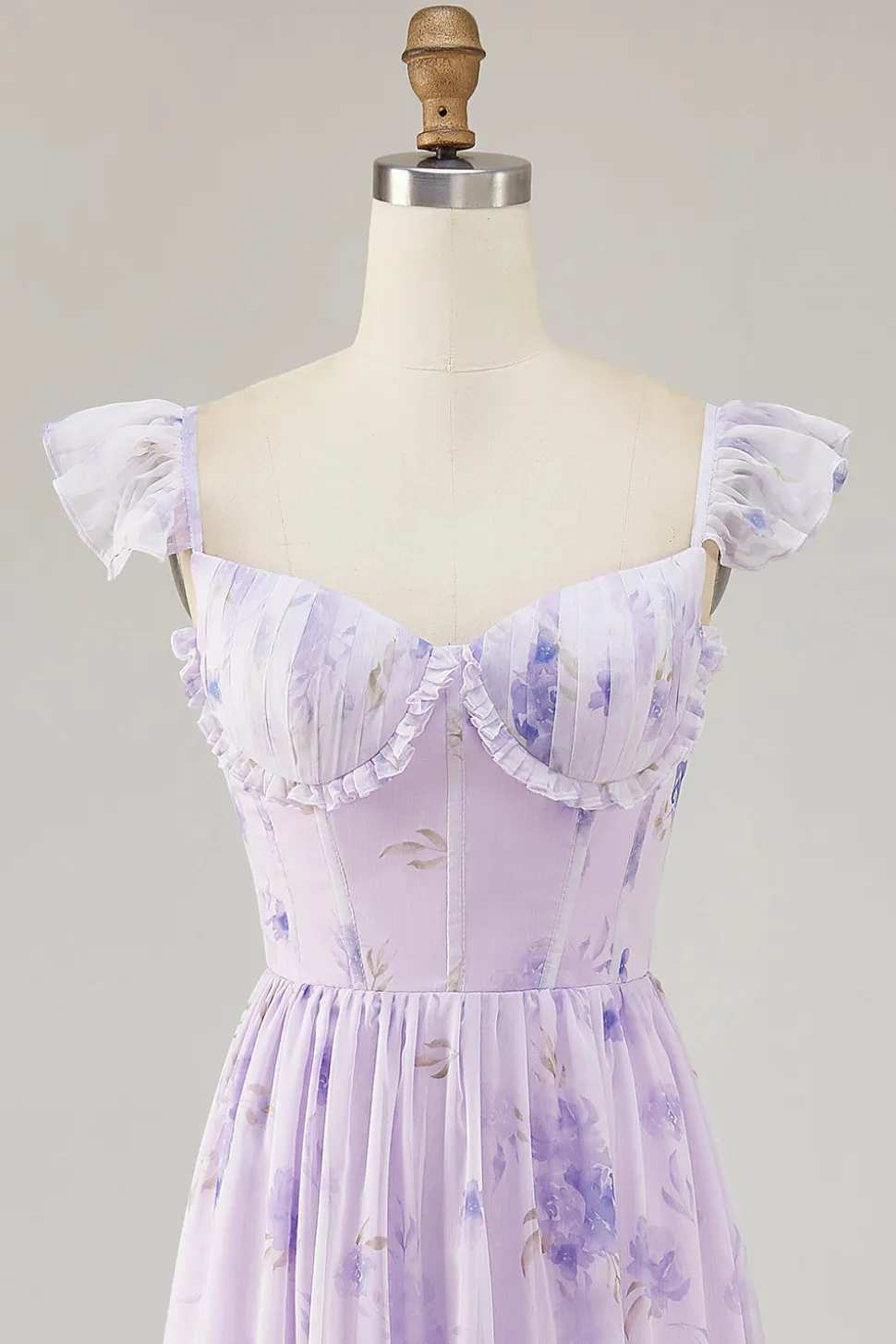 Flor de lavanda estampada babado uma linha vestido de dama de honra com fenda