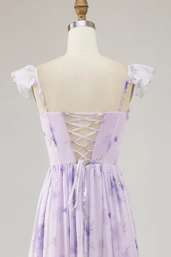 Flor de lavanda estampada babado uma linha vestido de dama de honra com fenda