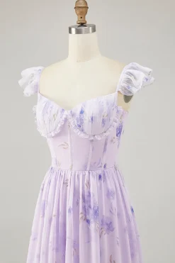 Flor de lavanda estampada babado uma linha vestido de dama de honra com fenda
