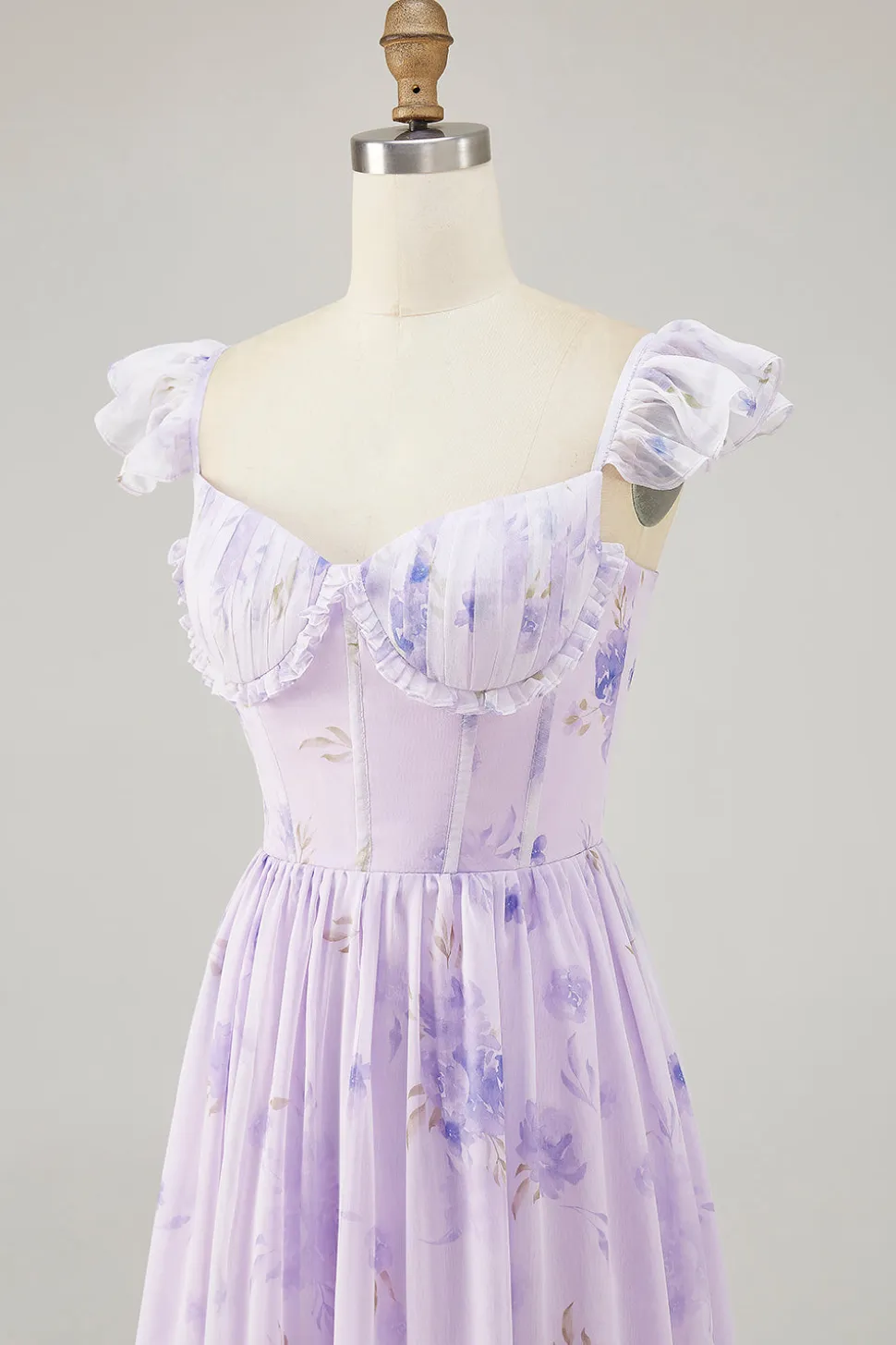 Flor de lavanda estampada babado uma linha vestido de dama de honra com fenda