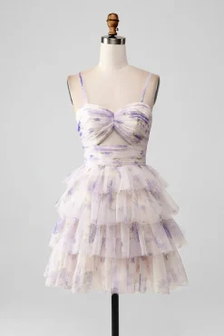 Flor de Lavanda Uma Linha Alças Esparguete Tiered plissado Vestido Curto Homecoming