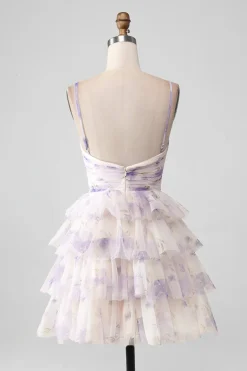 Flor de Lavanda Uma Linha Alças Esparguete Tiered plissado Vestido Curto Homecoming
