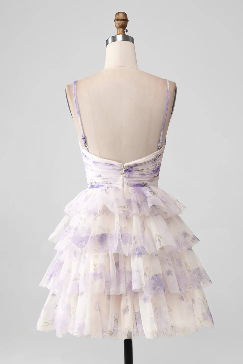 Flor de Lavanda Uma Linha Alças Esparguete Tiered plissado Vestido Curto Homecoming