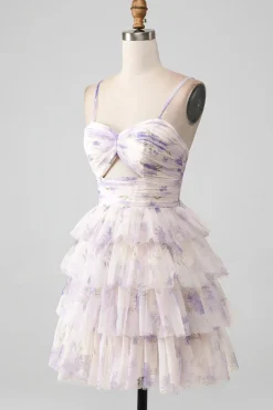 Flor de Lavanda Uma Linha Alças Esparguete Tiered plissado Vestido Curto Homecoming