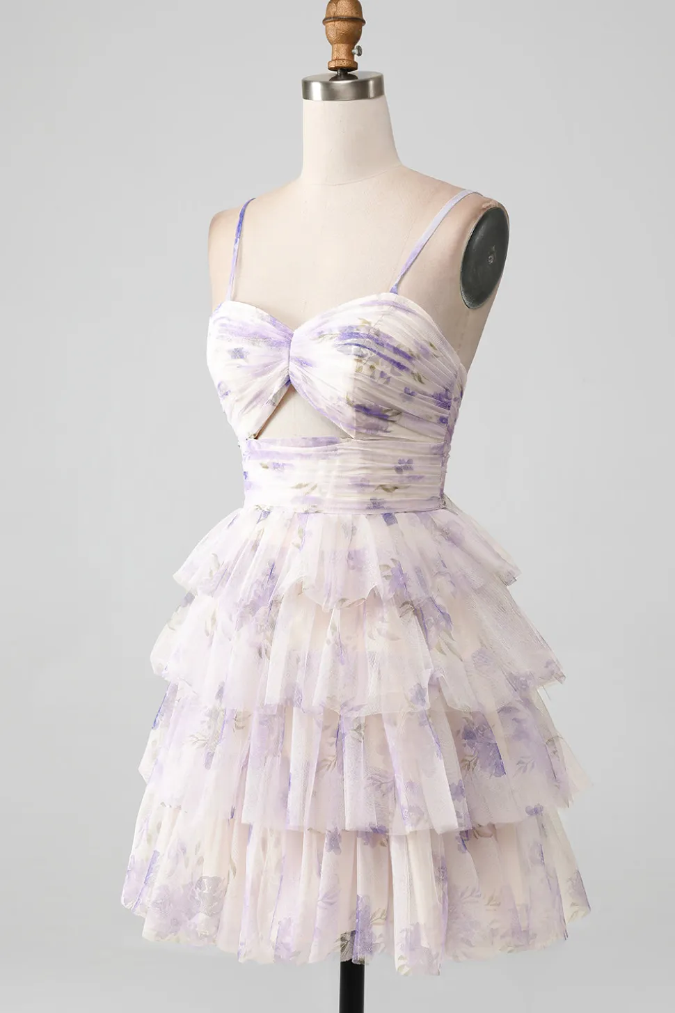 Flor de Lavanda Uma Linha Alças Esparguete Tiered plissado Vestido Curto Homecoming