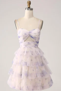 Flor de Lavanda Uma Linha Alças Esparguete Tiered plissado Vestido Curto Homecoming