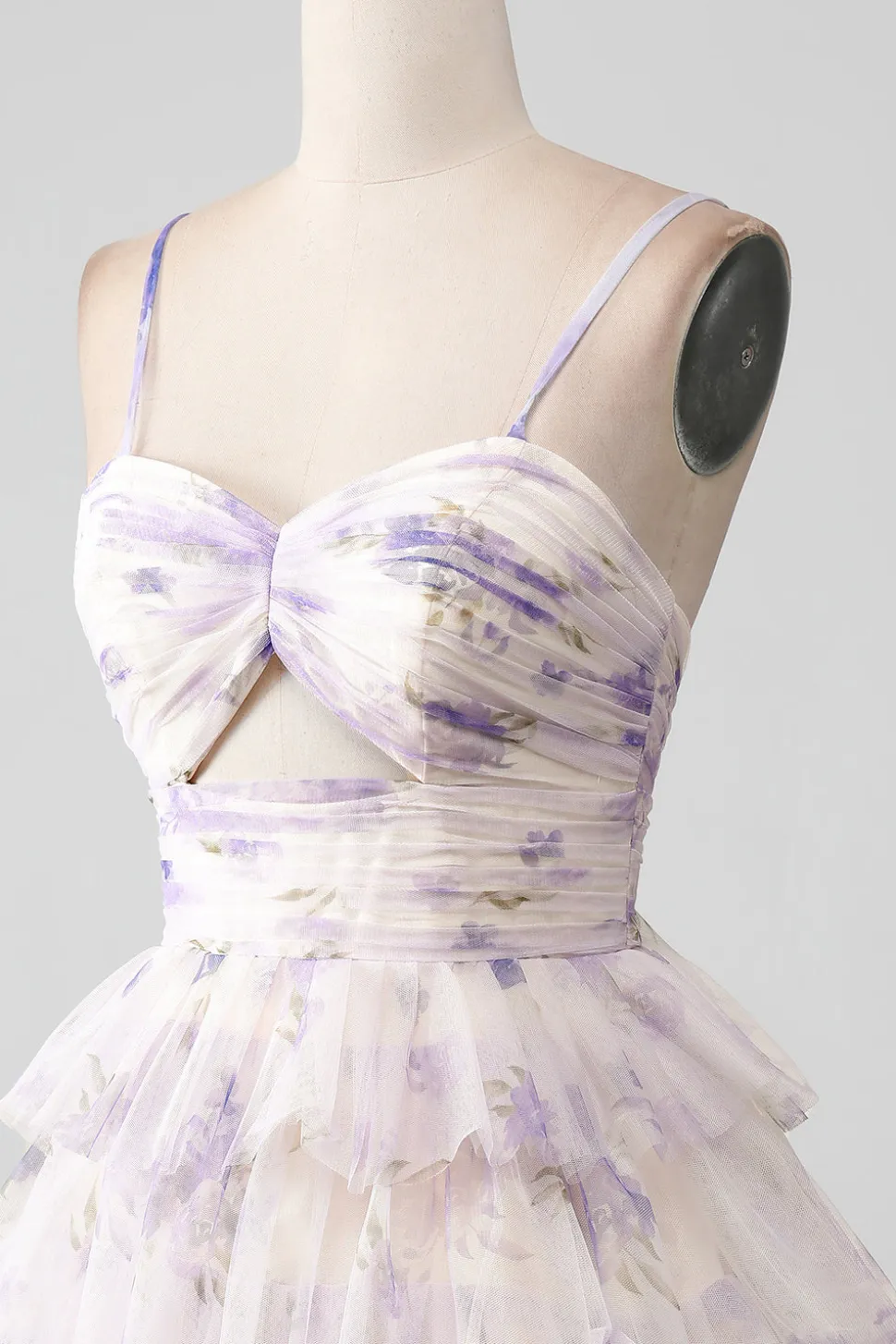 Flor de Lavanda Uma Linha Alças Esparguete Tiered plissado Vestido Curto Homecoming