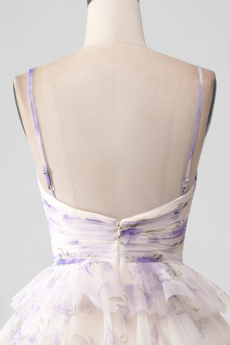 Flor de Lavanda Uma Linha Alças Esparguete Tiered plissado Vestido Curto Homecoming