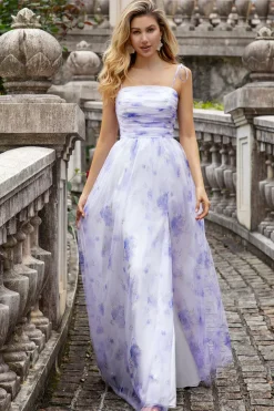 Flor de Lavanda Uma Linha Esparguete Alças Longo Vestido de Madrinha com Fenda